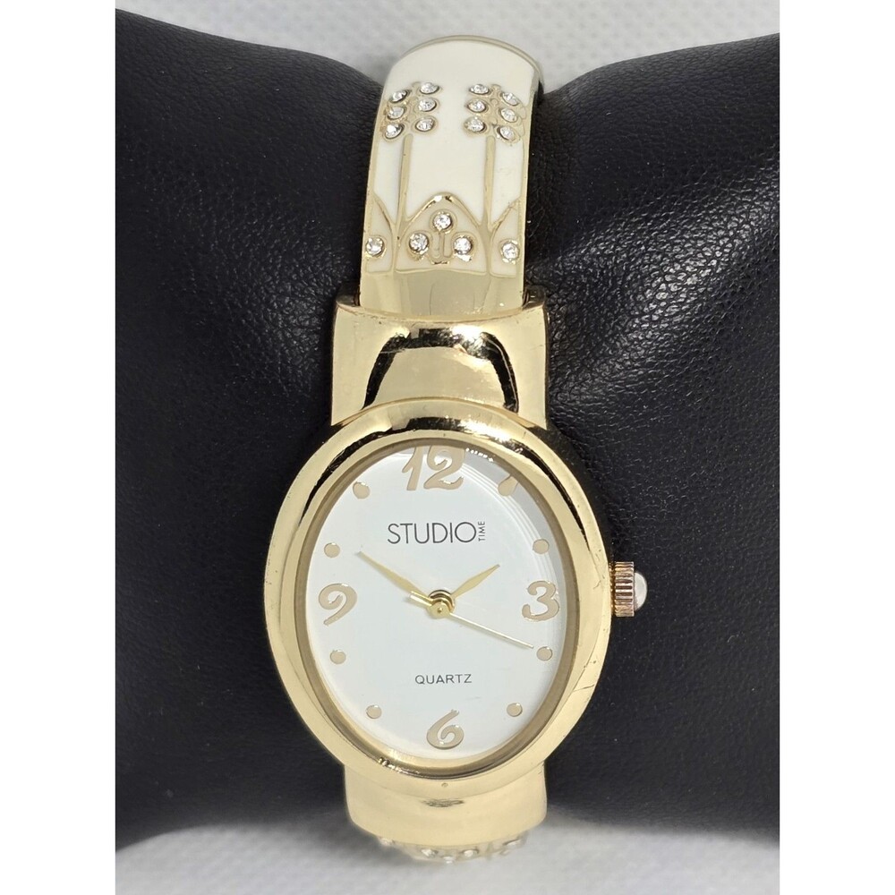 Women's Studio Time Fancy Oval Gold Tone Enamel Open Cuff Bracelet Watch 13 - Picture 4 of 9